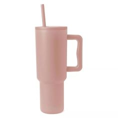 a pink travel mug with a straw in it