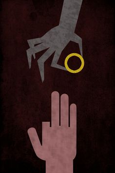 a hand reaching for a yellow ring on top of a black and red poster with the word