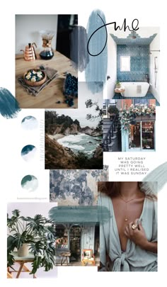 a collage with blue and white colors