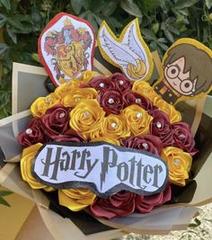 a bouquet of flowers with harry potter patches on it