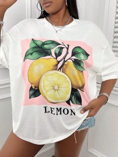 Multicolor Casual Collar Short Sleeve Knitted Fabric Letter,Fruit&Vegetable,Plants  Embellished Medium Stretch  Women Plus Clothing Loose Tshirt, Fruit Shirt, Vegetable Plants, Fruit Print, Summer Fruit, Cute Tshirts, Plus Size T Shirts, Plus Size Tops, Long Sleeve Hoodie