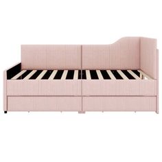 a pink couch with black and white stripes on the bottom, in front of a white background