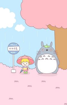 a cartoon character holding an umbrella next to a person under a tree in the rain