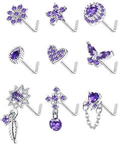 PRICES MAY VARY. 【Dangly Nose Ring Set】One Order You Can Get 9Pcs 20G Dangle Nose Rings for Women,The Nose Ring Set Including Butterfly Nose Ring,Heart Nose Stud,Flower Dangle Nose Rings,Star Nose Rings,Chain Nose Stud L Shaped,Feather Nostril Piercing,CZ Nose Piercing,Delicate Dangling Nose Ring Can Meet Your Matching Needs,Cubic Zirconia Nose Studs Making You More Shiny. 【L Shaped Nose Studs Safety Materials】Each Nose Rings 20G Are Made Of Safe Stainless Steel Inlaid with Sparkling AAA+ Cubic Butterfly Nose Ring, Nose Ring Butterfly, Heart Stud Nose Piercing, Heart Shaped Nose Ring, Purple Nose Stud, L Shaped Nose Ring, Jewerly Set, Body Jewelry Piercing, Feather Flower