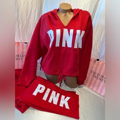 This Victoria’s Secret Pink Set Is Adorable And Super Soft! This Hoodie Is Semi Cropped! Fall Is Almost Here! Thank You So Much For Looking! Casual Red Tracksuit For Loungewear, Red Fall Loungewear Sweats, Red Sweats For Fall Loungewear, Red Long Sleeve Tracksuit For Loungewear, Red Tracksuit For Loungewear In Fall, Red Tracksuit For Fall Loungewear, Red Fleece Hoodie For Loungewear, Red Athleisure Sweatshirt For Loungewear, Red Sportswear Hoodie For Loungewear