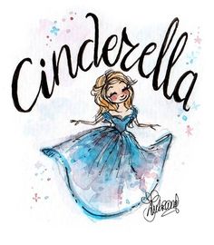 a drawing of a girl in a blue dress with the word cinderella written on it