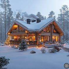 a log cabin in the snow with christmas lights