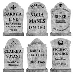 four headstones with names on them in black and white