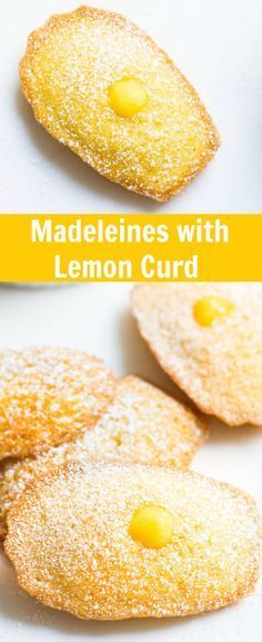 lemon curd cookies with powdered sugar on top and the words madelines with lemon curd