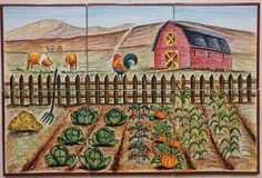 a painting on the wall of a farm with animals and vegetables