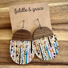 "Fiddle and Grace is proud to offer affordable, lightweight super cute earrings! This pair of Wood and Acrylic Earrings done in Party Stripe are sure to become one of your favorites! They are super lightweight! They measure 1.5\" wide x 2.1\" tall and 1/8 inch thick. (add 1/2\" for earring hook) These earrings come with a Walnut topper and a fun Party Stripe Acrylic. They come with Antique Bronze Nickle Free French Ear Wire Hooks and Jump Rings. **Due to the nature of the sheet of acrylic that t Modern Multicolor Earrings For Everyday, Multicolor Dangle Earrings For Everyday, Everyday Multicolor Dangle Earrings, Playful Multicolor Ear Wire Earrings, Multicolor Dangle Earrings, Multicolor Drop Earrings For Everyday, Playful Multicolor Earrings, Trendy Multicolor Teardrop Earrings, Playful Everyday Drop Earrings