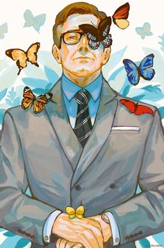 a painting of a man in a suit and tie with butterflies on his head behind him