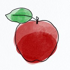 an apple with a green leaf on it's tip is drawn in watercolor