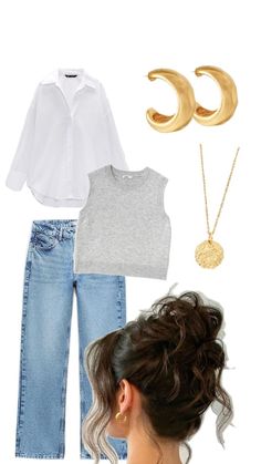 a woman in white shirt and jeans with gold accessories