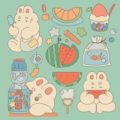 an assortment of items that include watermelon, fish, and other things on a green background