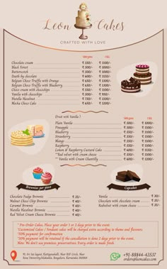 a menu with different types of cakes on it