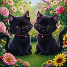 two black cats sitting in front of flowers