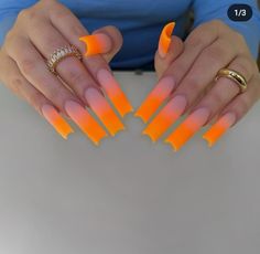 Orange Long Nails Acrylic, Ombre Orange Acrylic Nails, Neon Orange Ombre Nails, Ombré Orange Nails, Long Orange Acrylic Nails, Ombre Orange Nails, Long Orange Nails, Orange Birthday Nails, Orange Nails Long