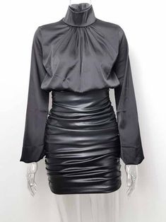 PU Leather Ruched High Waist Black Short Mini Bottom Stretch Skirt Cheap Leather Mini Skirt, Black Top And Skirt, Corporate Wears, Ripped Denim Skirts, Ruched Mini Skirt, Body Con Dress Outfit, Pu Leather Skirt, Black Leather Skirt, Black High Waisted Shorts