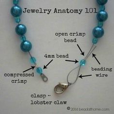 a blue bead necklace with instructions to make it look like an open crimped bead