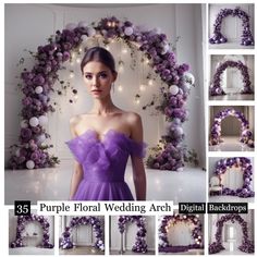 the purple floral wedding arch is decorated with flowers and fairy lights for an elegant touch