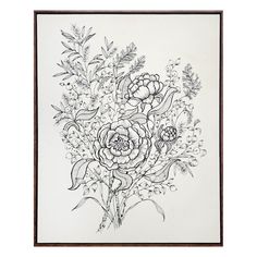 a black and white drawing of flowers in a vase