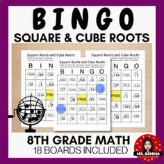 a square and cube roots game with the words,'8 th grade math boards included