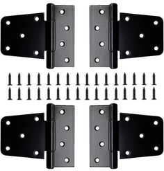 four pairs of black iron door hinges with screws on each one side