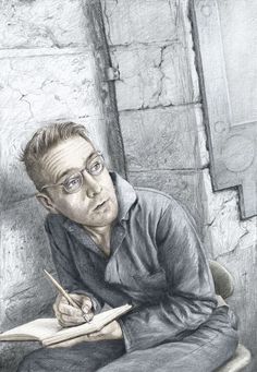 a pencil drawing of a man sitting on a chair with a book in his lap