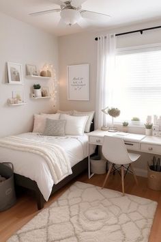 a bedroom with a bed, desk, and chair in the corner next to a window