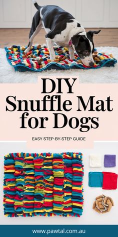 A Pinterest-worthy image of a happy dog using a colourful snuffle mat. The mat is filled with visible treats hidden in the fabric. There
are basic materials for making a snuffle mat, like fleece fabric or strips, alongside the completed mat to visually show the DIY process. The title 'DIY Snuffle Mat for Dogs' is overlaid in a bold, large, easy-to-read font. The subtext 'Easy Step-by-Step Guide' is placed below the title in a clear font. Diy Stimulating Dog Toys, Homemade Dog Enrichment Toys, Snuffle Mat Diy Homemade Dog, Diy Sniff Mat For Dogs, Diy Snuffle Ball, Diy Lick Mat For Dogs, Sewing Dog Toys, Frozen Dog Enrichment Bowls, Diy Dog Enrichment Toys