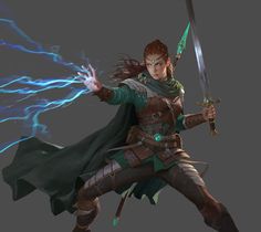 a woman in armor holding two swords with lightning coming out of her hands and wearing a green cape