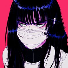 an anime character with black hair and blue eyes wearing a face mask against a pink background