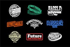 several different stickers are shown on a black background with the words streetwise and assorted