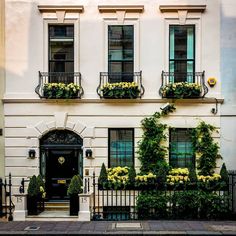 a white building with lots of windows and flowers on it