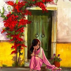 a painting of a woman sitting on the ground in front of a door with red flowers