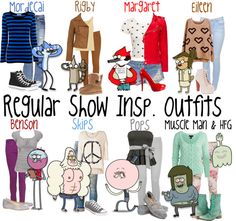 several different types of clothing and footwear with the words regular show info - outfits