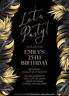 a black and gold birthday party with palm leaves on the front, in an ornate frame