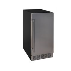 a silver refrigerator freezer sitting on top of a white wall next to a black cabinet