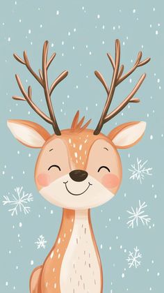 a cartoon deer with antlers on its head and snowflakes in the background