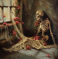 a painting of a skeleton sitting in front of a window with roses on the ground