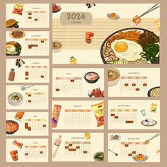 a calendar with pictures of different foods and drinks on it, including eggs in a frying pan