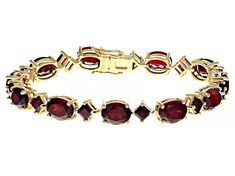 5.07ctw Square & 26.88ctw Oval Lab Created Ruby 18k Yellow Gold Over Sterling Silver Bracelet. Measures Approximately 0.28"W. Box Clasp. Ruby And Gold Bracelet, Ruby Bracelet, Indie Jewelry, Ruby Necklace, Box Clasp, Ruby Jewelry, Royal Red, Sterling Silver Bracelet, Sterling Silver Bracelets