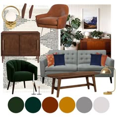 a living room filled with furniture and color swatches on the walls, along with an assortment of accessories