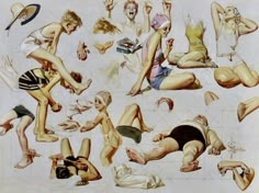 a painting of people laying on the ground and standing in front of each other with their feet up