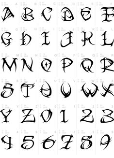 the alphabets and numbers are drawn in black ink on white paper, each letter has different