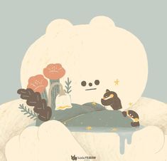 there is a bear that is sitting on the ground with flowers in his mouth and another bear standing next to him