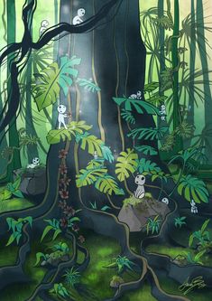 an illustration of a forest with lots of plants and animals on it's sides