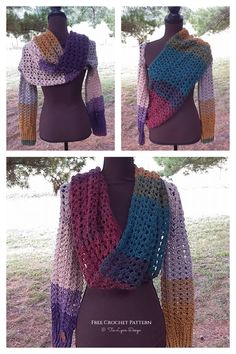 three pictures of a crocheted shawl on a mannequin