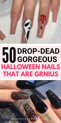 Spooky Halloween Nails, Halloween Nails Diy, Halloween Nails Easy, Halloween Acrylic Nails, Cute Halloween Nails, Nails Diy